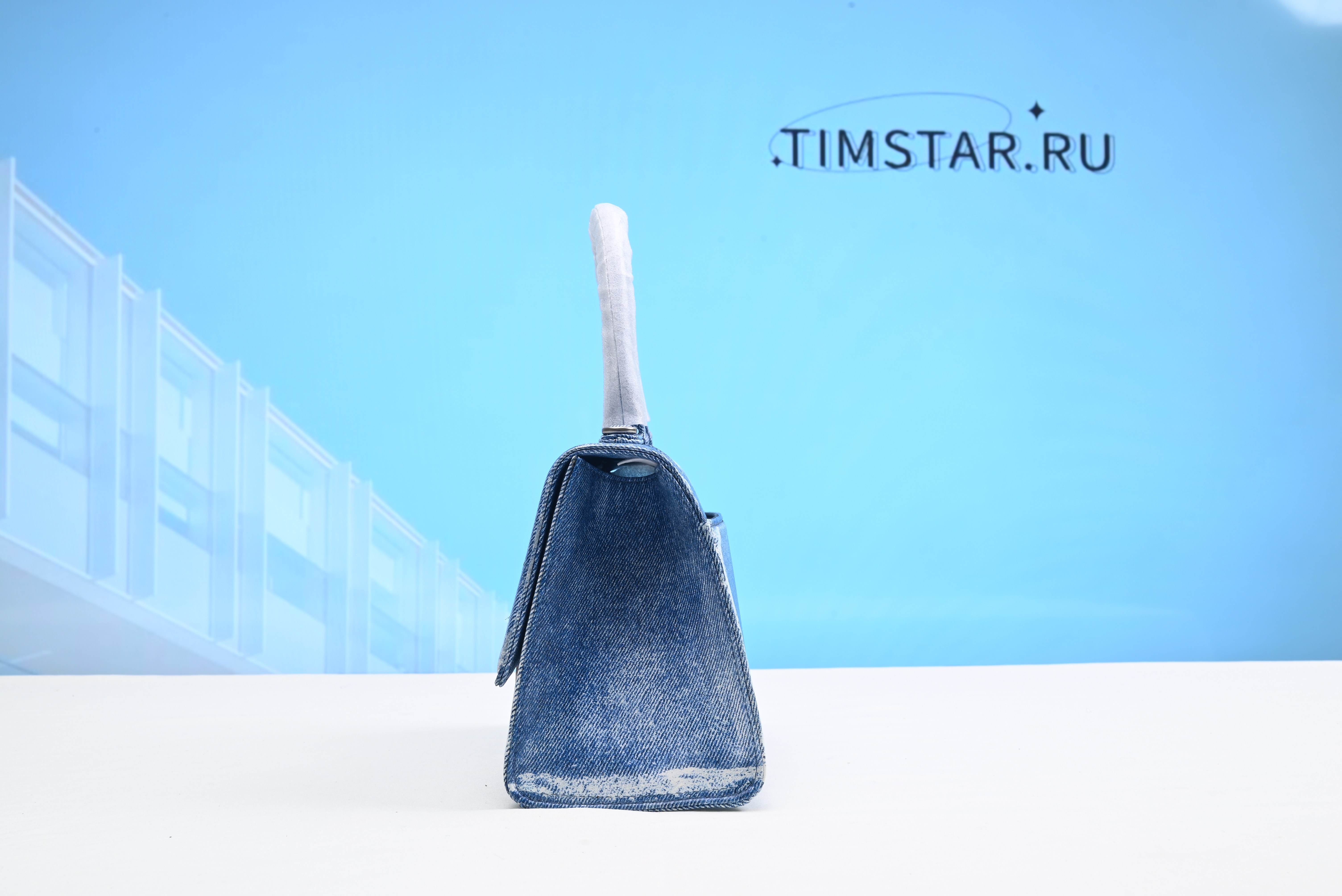 Hourglass Denim-Print Leather Bag - Light Blue 19x12x7.5cm