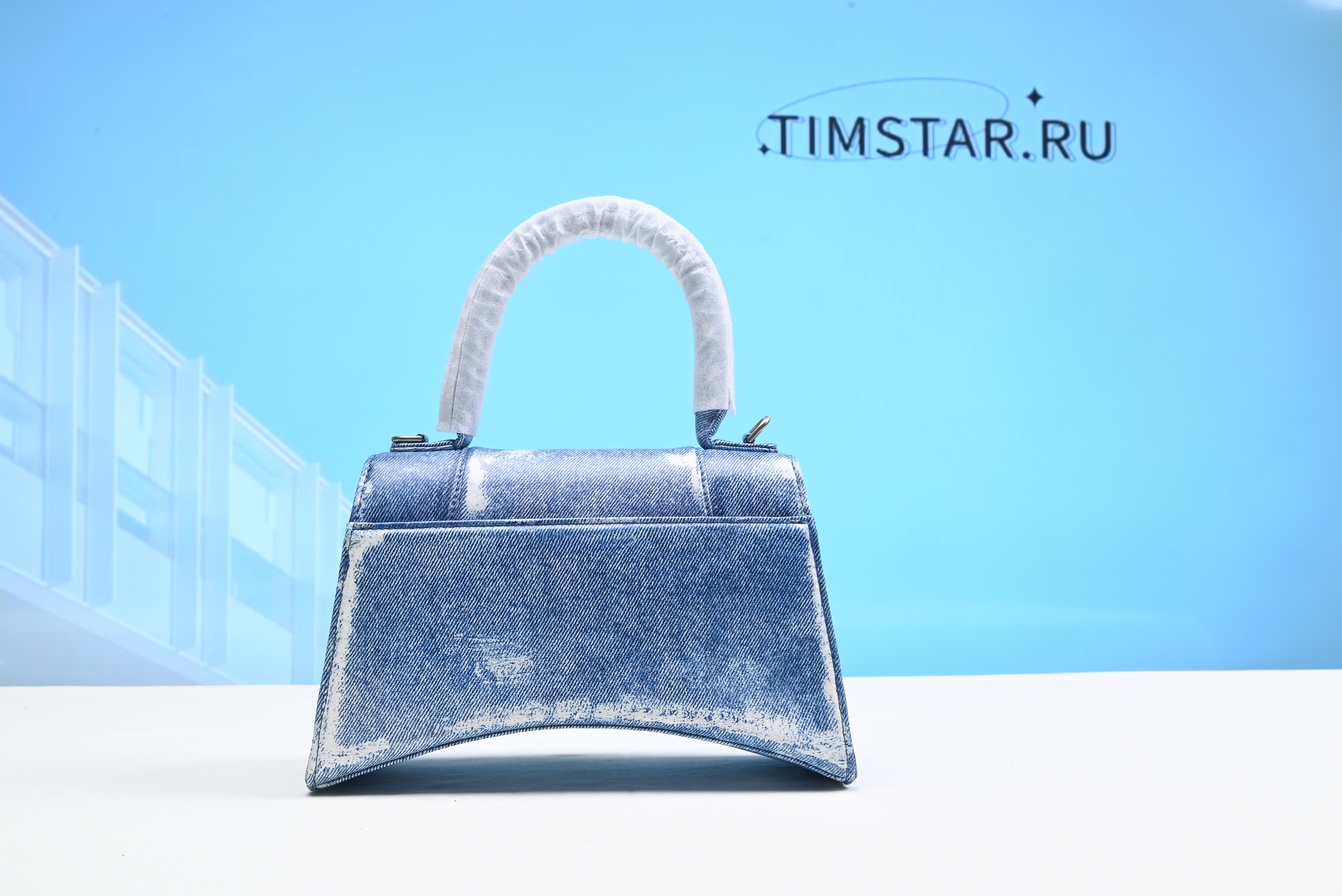 Hourglass Denim-Print Leather Bag - Light Blue 19x12x7.5cm