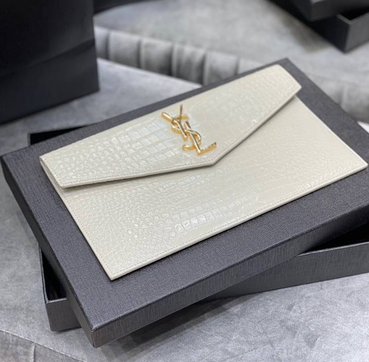 YSll  Uptown Pouch In Crocodile Embossed Shiny Leather White - 27×16×2cm